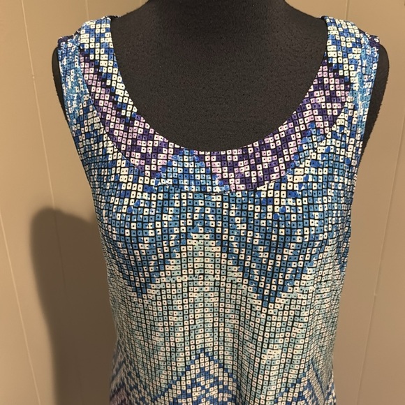 Chico’s geometric print shades of blue & purple silky stretch tank style maxi. - Picture 2 of 6